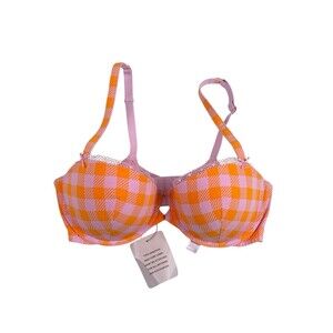 Savage X Fenty Gingham Remix Balconette Bra 36DD Pink Orange Plaid NWT